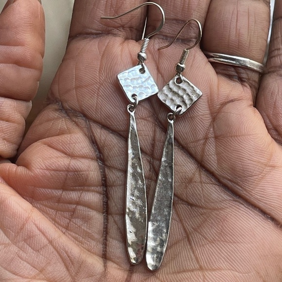 Silver Plated Hammered Drop Earrings - Picture 2 of 3